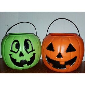 2x USA General Foam Plastics Blow Mold Halloween Candy Pumpkins Green & Orange